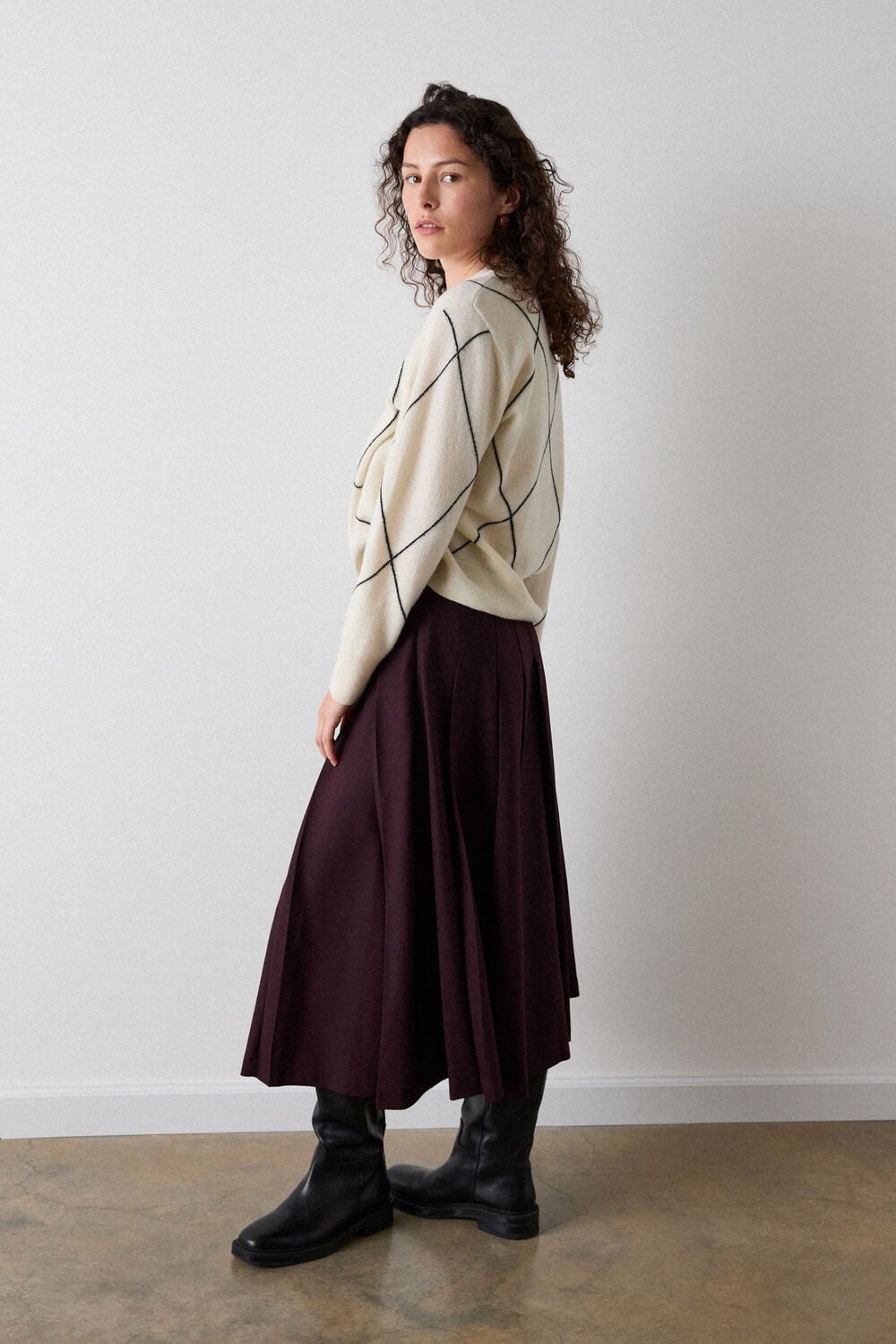 Plum Wool Blend Pleated Kilt Skirt