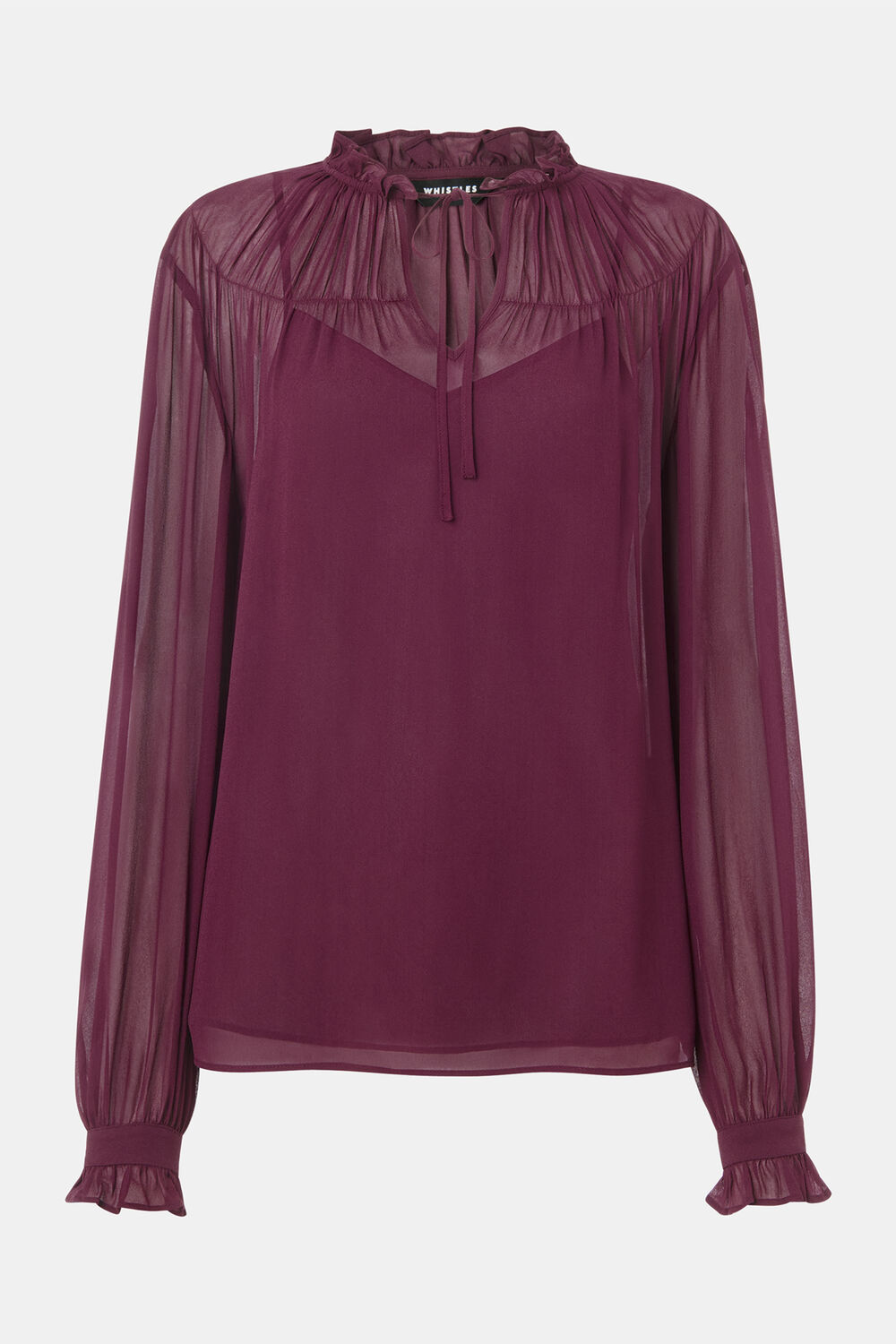 Plum Tie Neck Detail Sheer Blouse