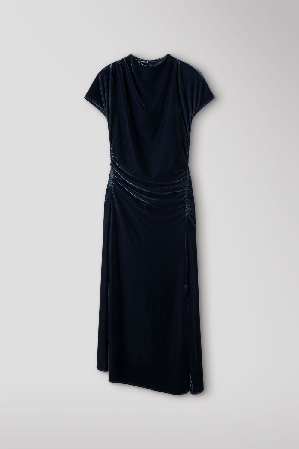 Navy Velvet Ruched Midi Dress