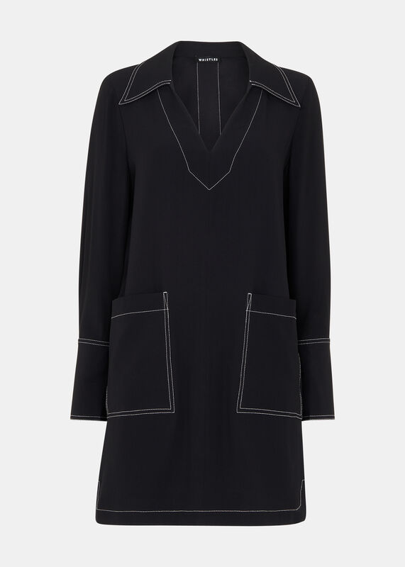 Black Topstitch Detail Shirt Dress