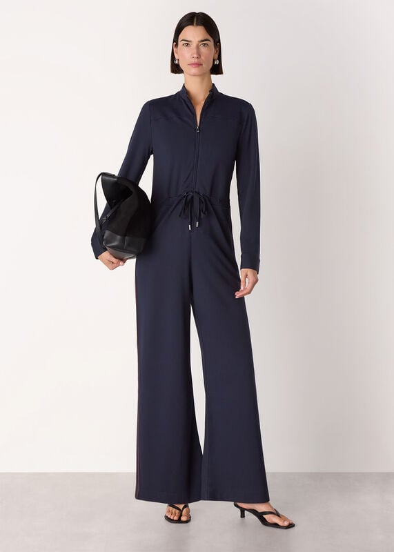 Navy Ponte Side Stripe Jumpsuit