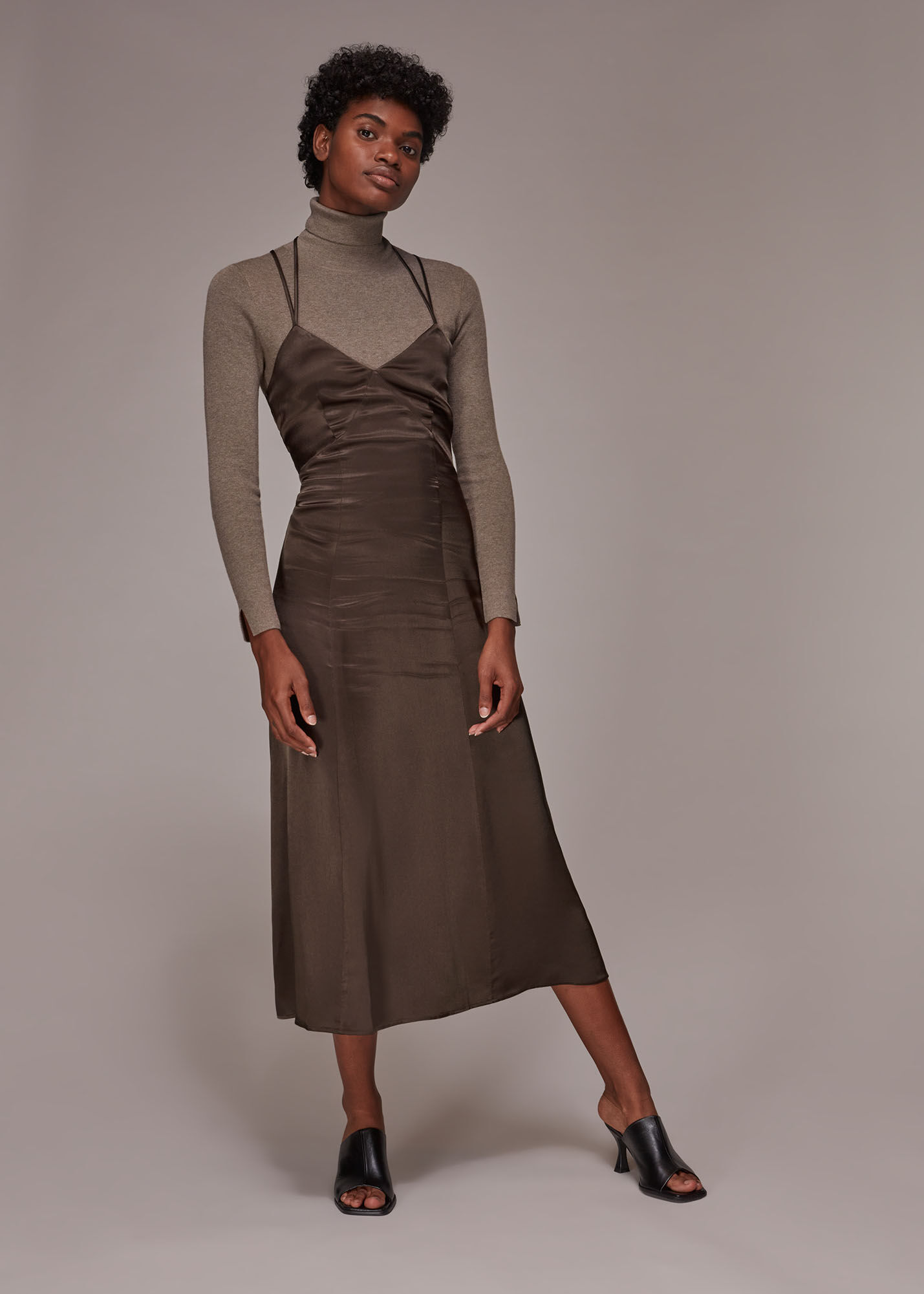 Brown Satin Cami Dress | WHISTLES | Whistles UK |