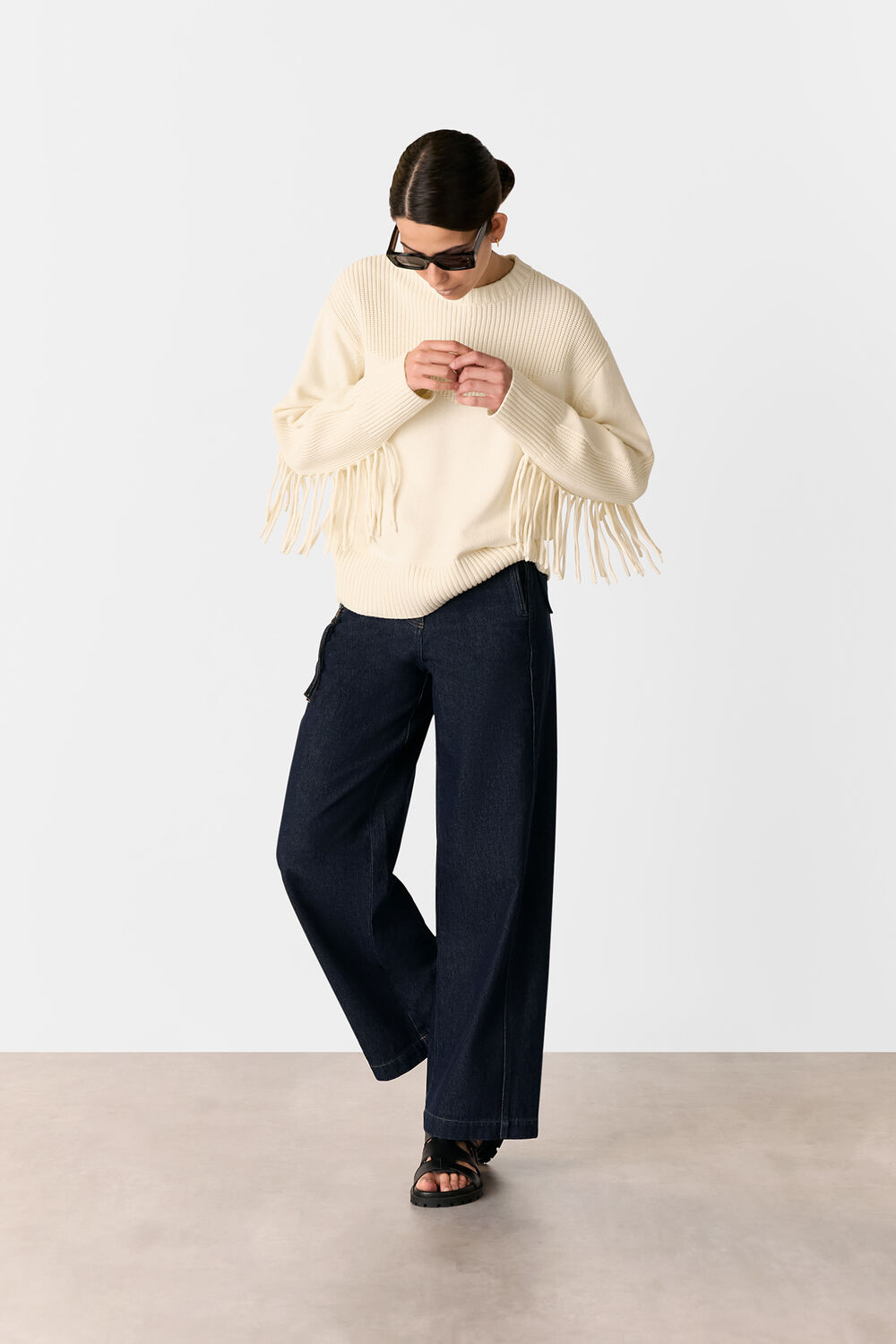 Ivory Fringed Rib Detail Sweater