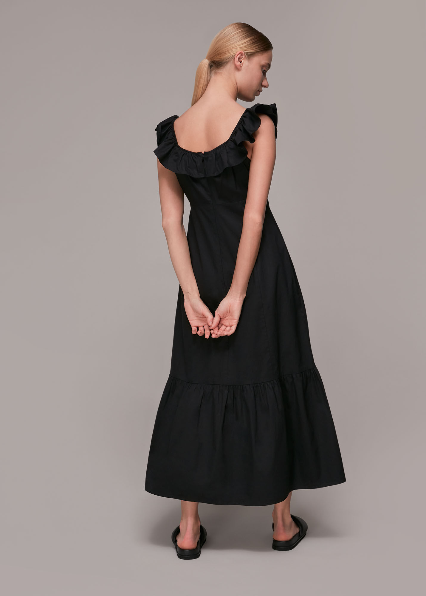 Black Jemma Frill Poplin Midi Dress | WHISTLES