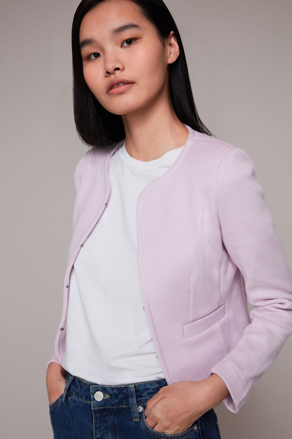 Lilac Jersey Collarless Jacket