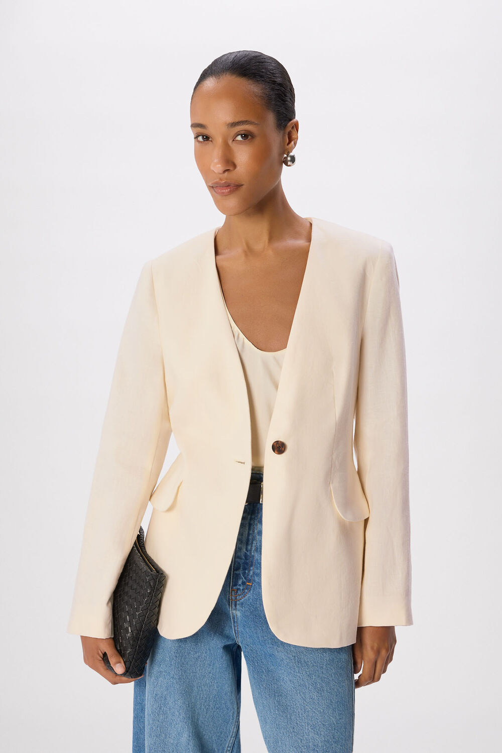 Ivory Collarless Linen Blazer