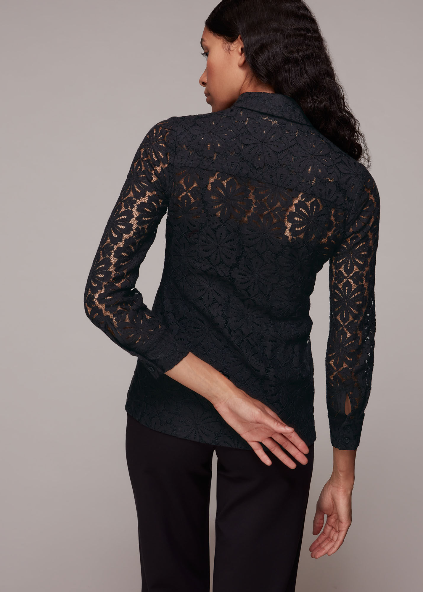 Black Longline Lace Detail Shirt | WHISTLES | Whistles US |