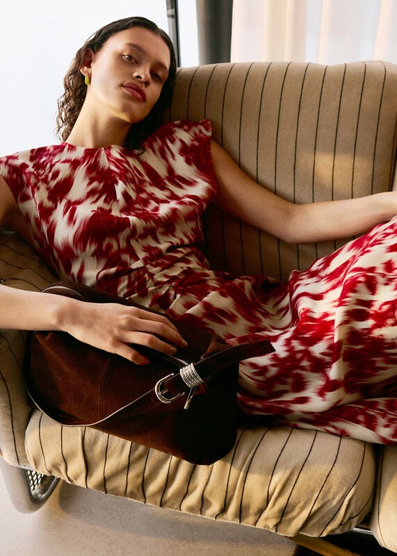 Red Blurred Floral Crepe Dress