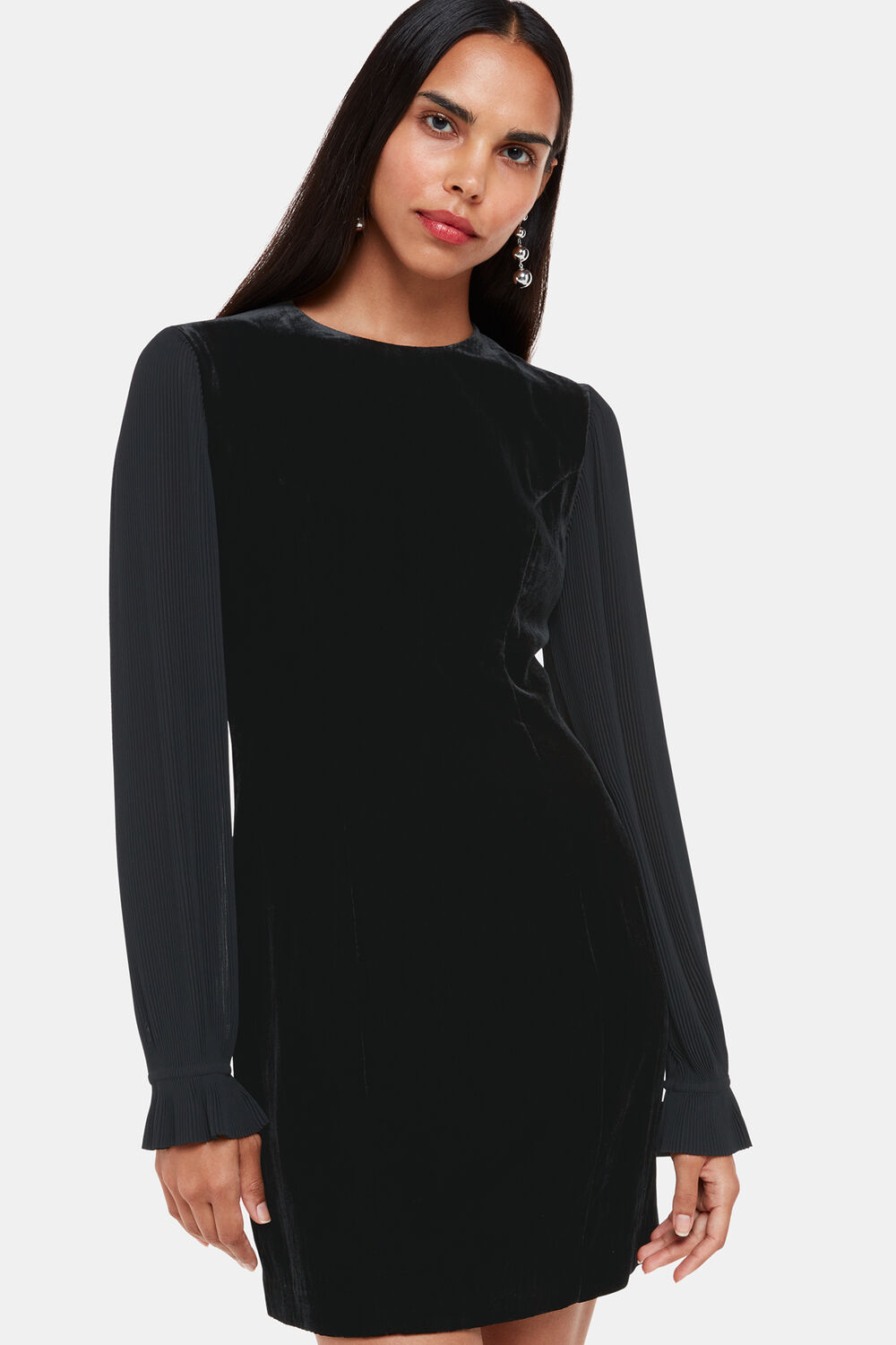 Black Velvet Pleat Sleeve Mini Dress