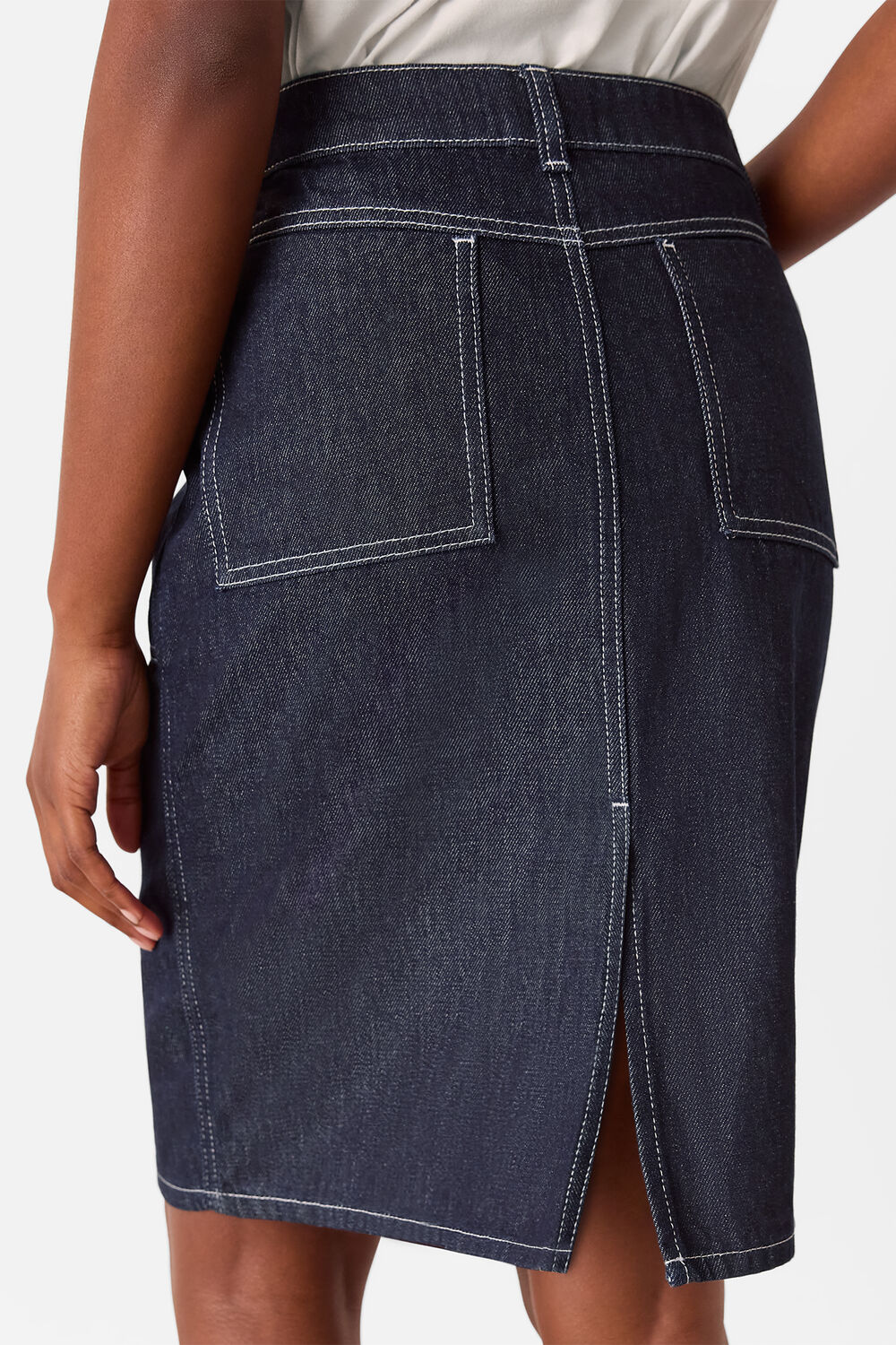 Dark Denim Contrast Stitch Midi Skirt