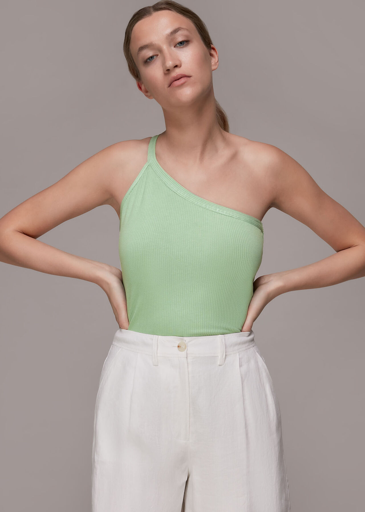 Sage Green Ribbed One Shoulder Cami, WHISTLES