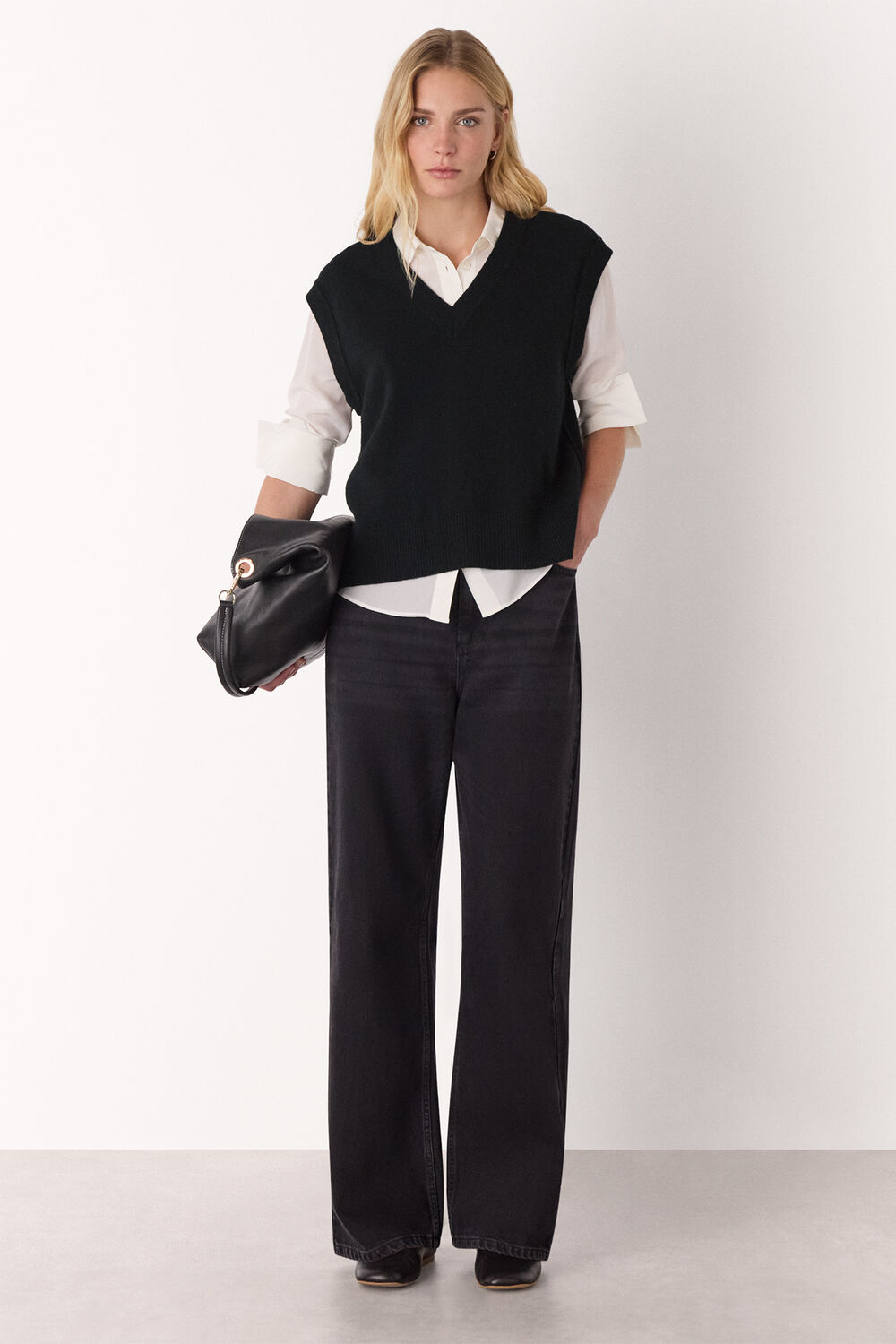 Black Wool V Neck Tank