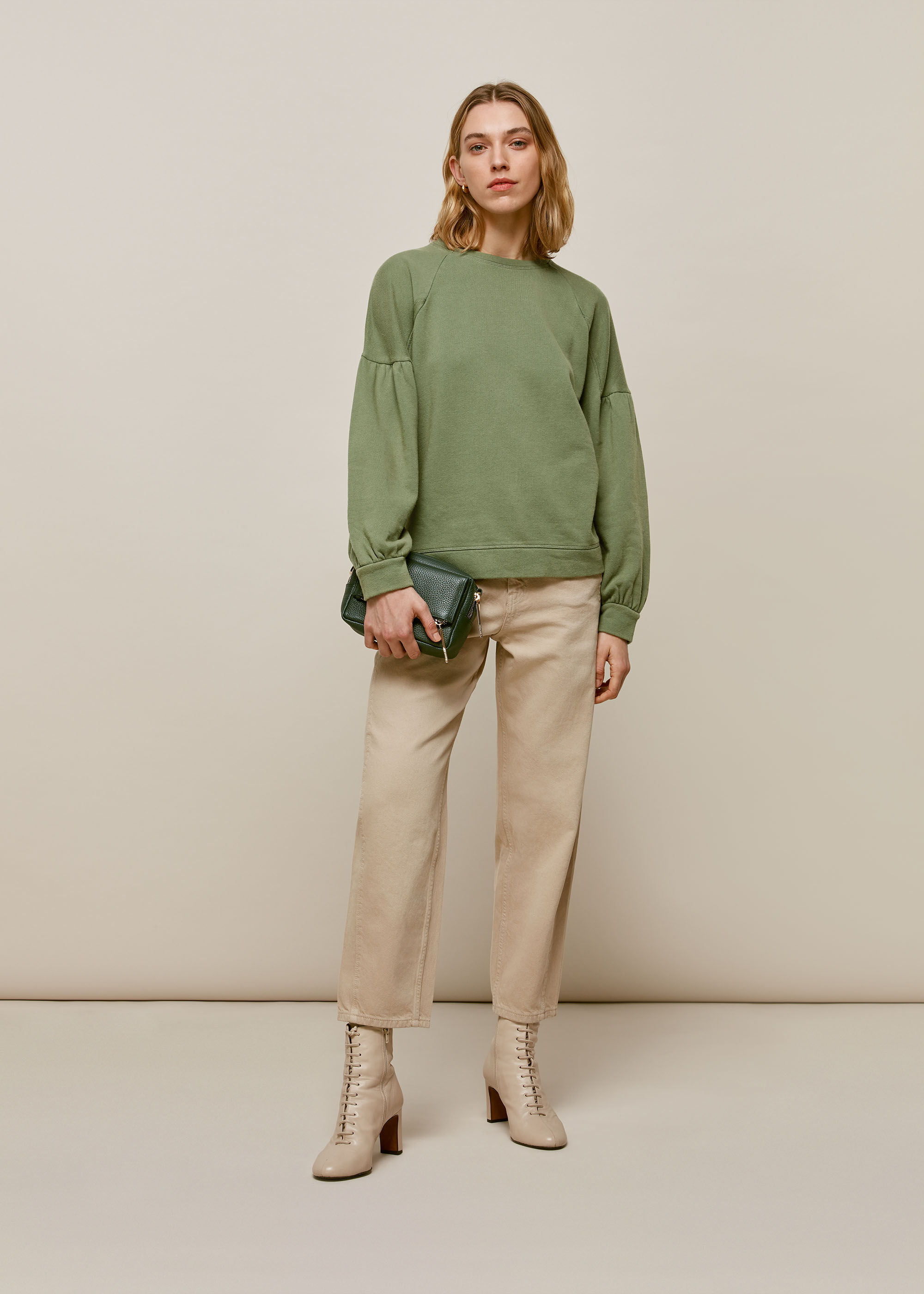 Pale Green Gathered Sleeve Sweatshirt
