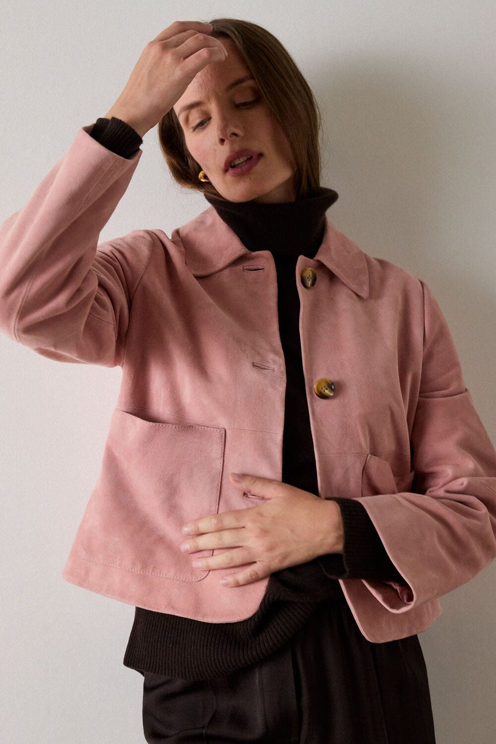 Button Cropped Suede Jacket
