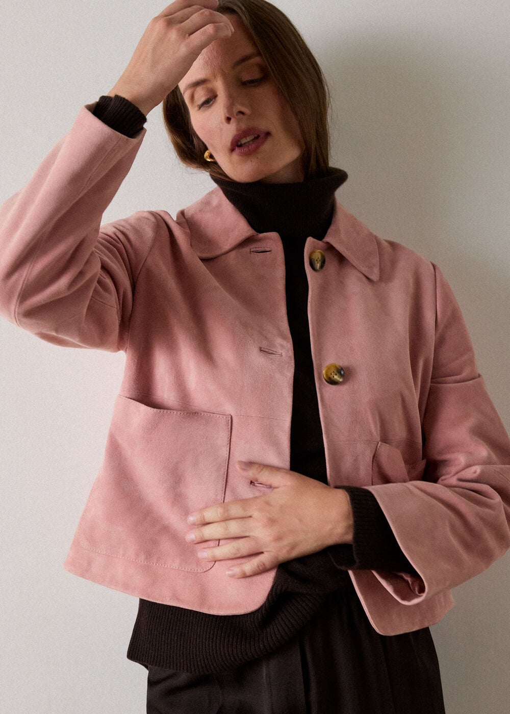 Pink Button Cropped Suede Jacket
