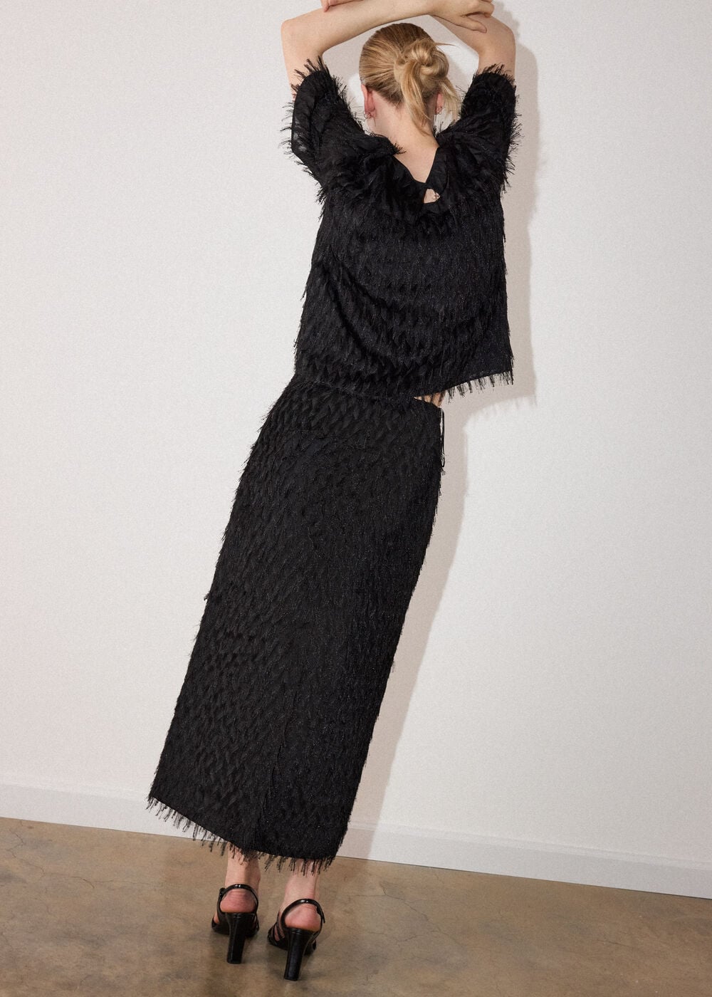 Black Fringe Textured Midi Skirt
