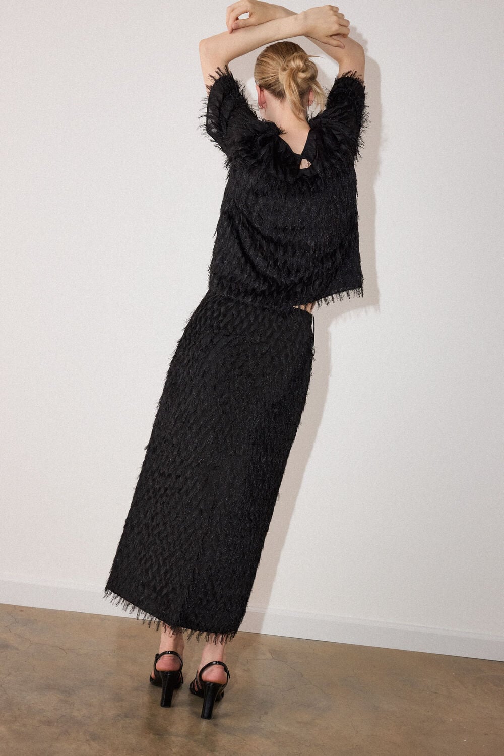 Black Fringe Textured Midi Skirt
