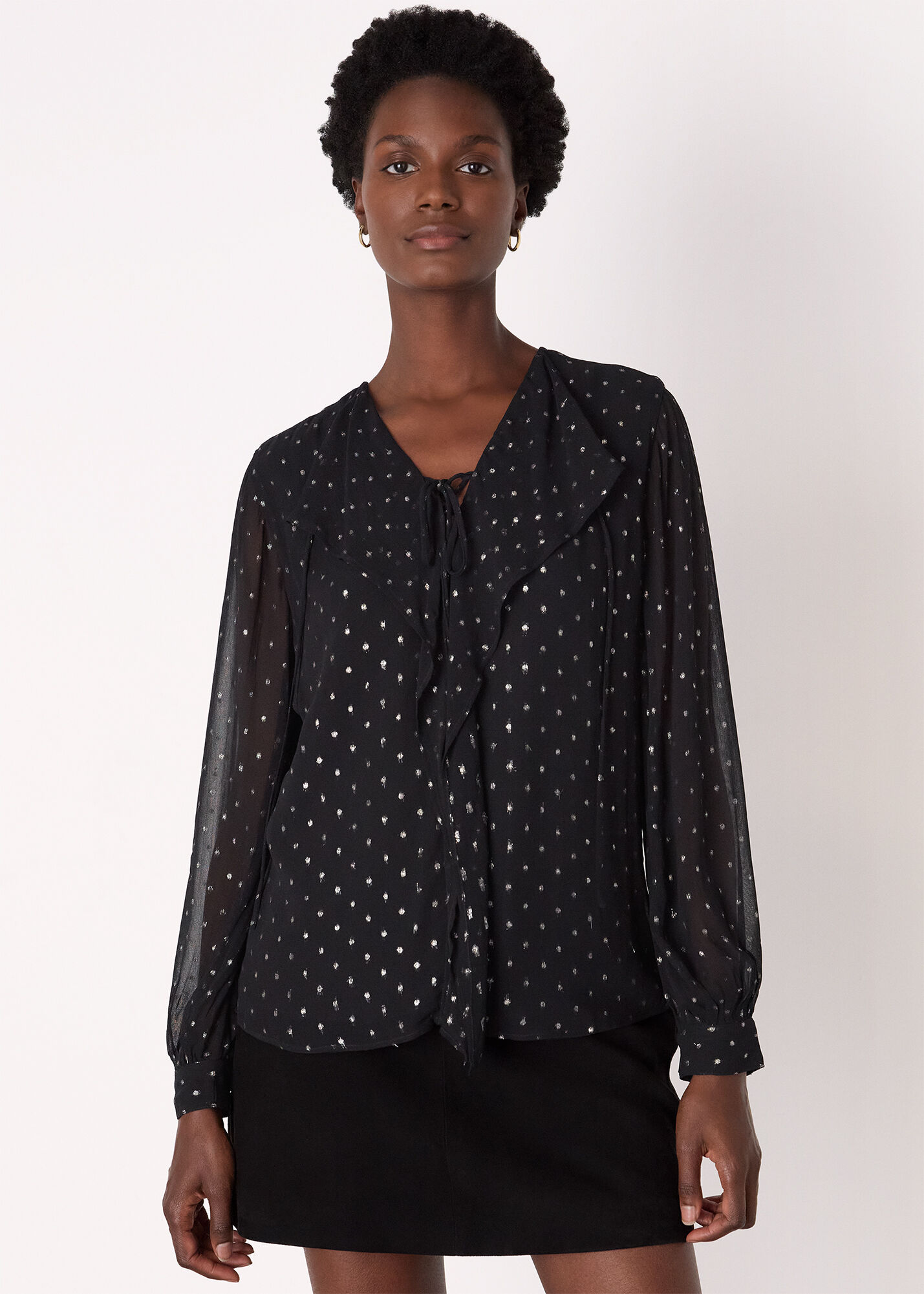 Black/Multi Metallic Dobby Frill Blouse | WHISTLES | Whistles UK |