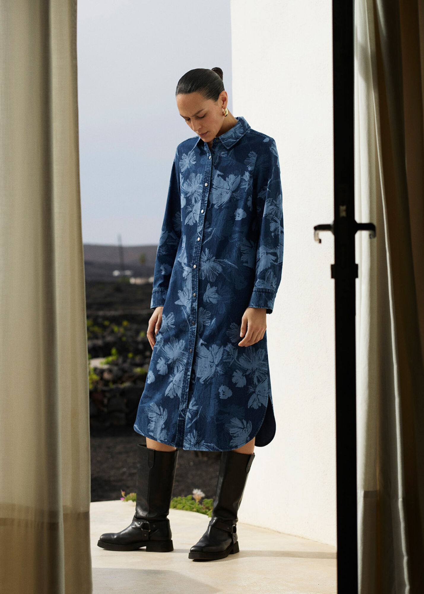 Shift Denim Shirt Dress - Dusty Print
