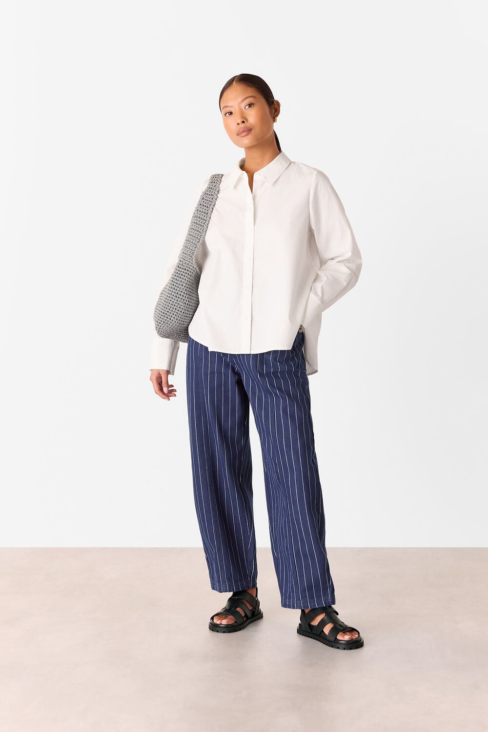 Navy Petite Pinstripe Barrel Leg Jean