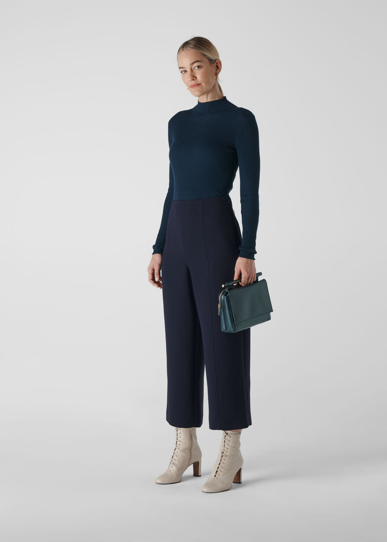 Flat Front Crop Trouser Navy