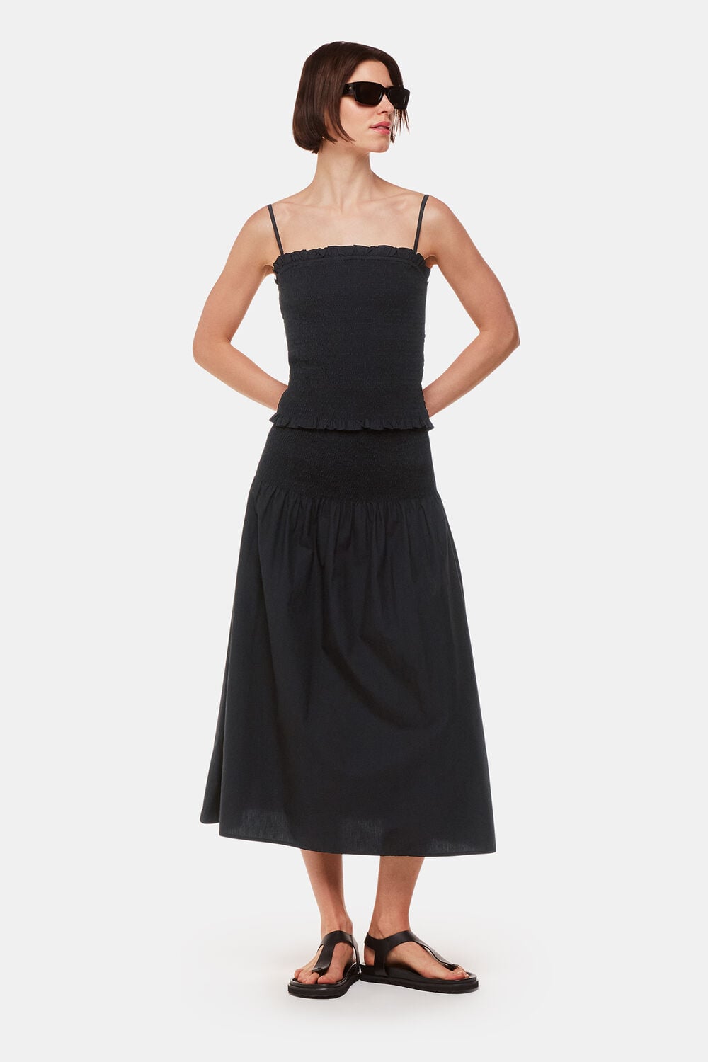 Black Louisa Smocked Midi Skirt