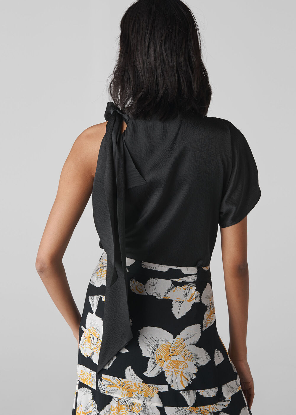 Emi Silk One Shoulder Top Black