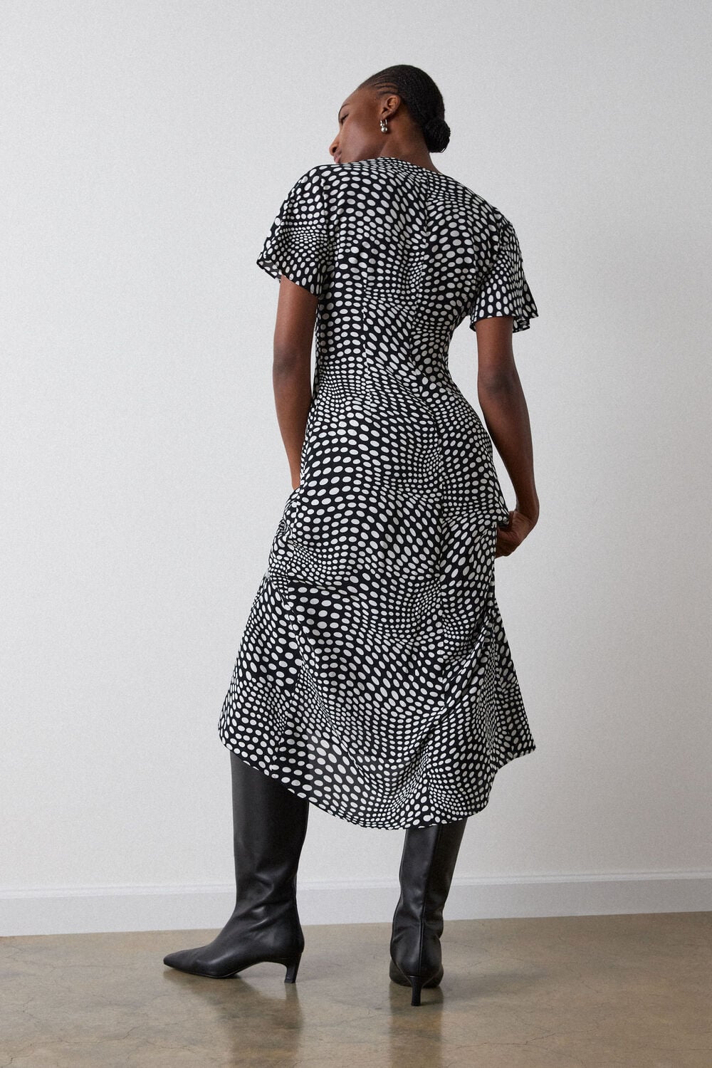 Black Mixed Spot V Neck Midi Dress