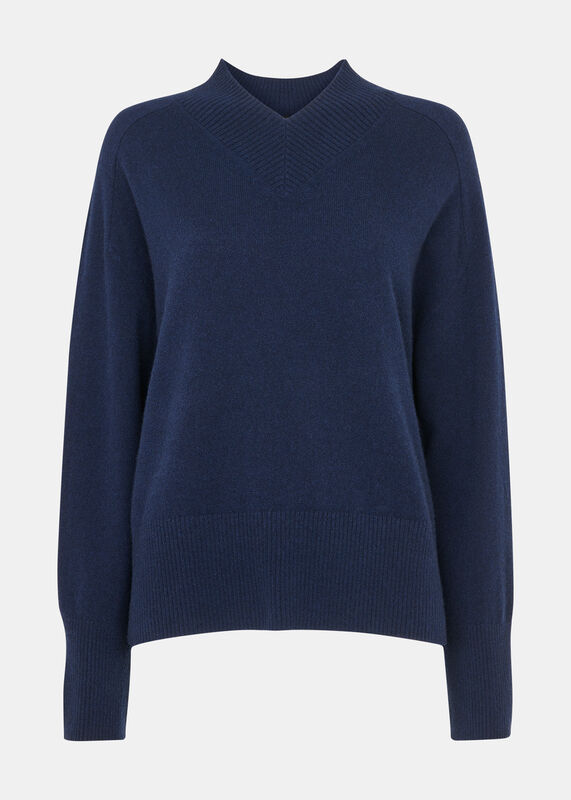 Navy Petite Cashmere V Neck Knit