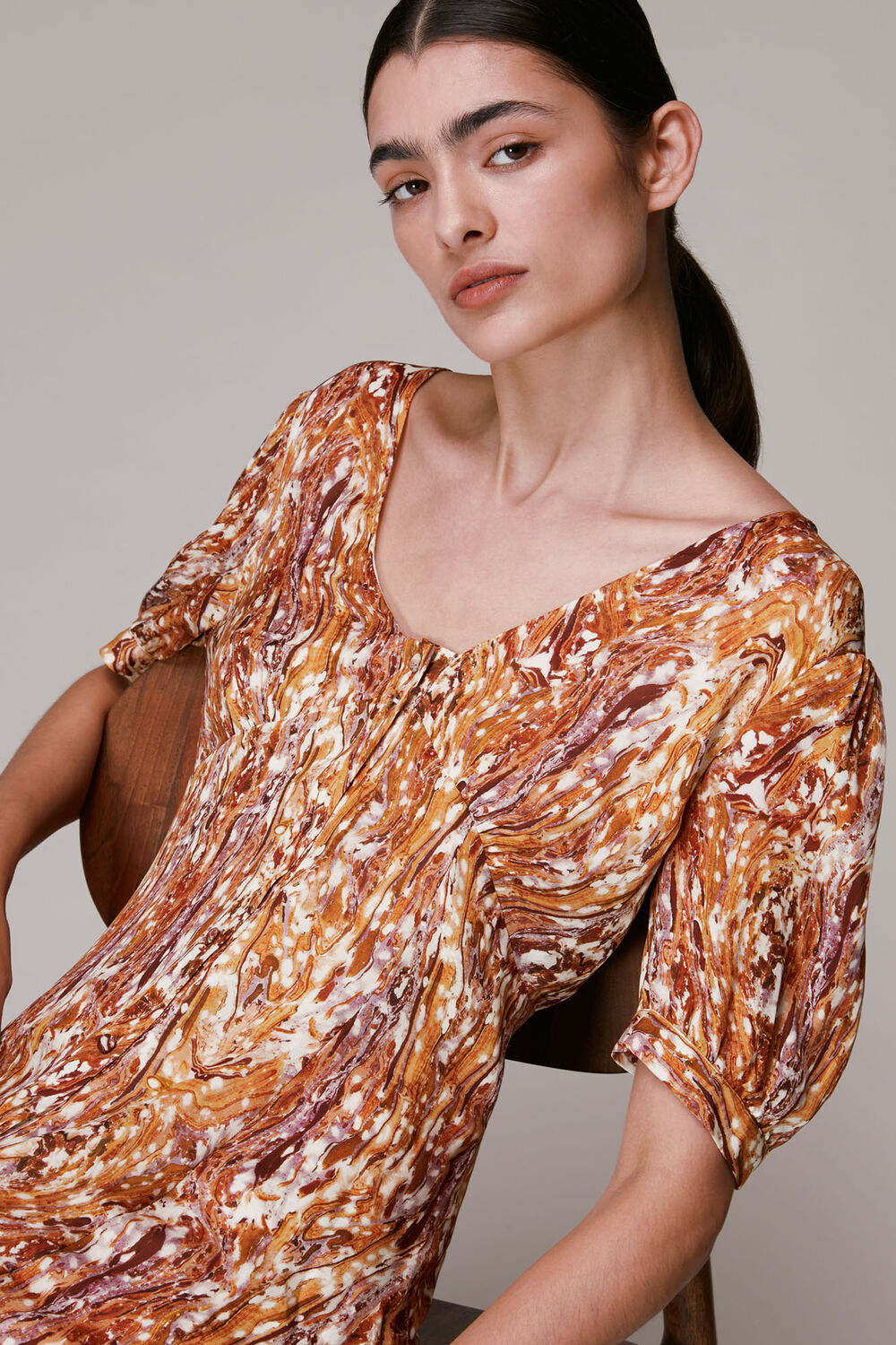 Multicolour Marble Print Silk Midi Dress