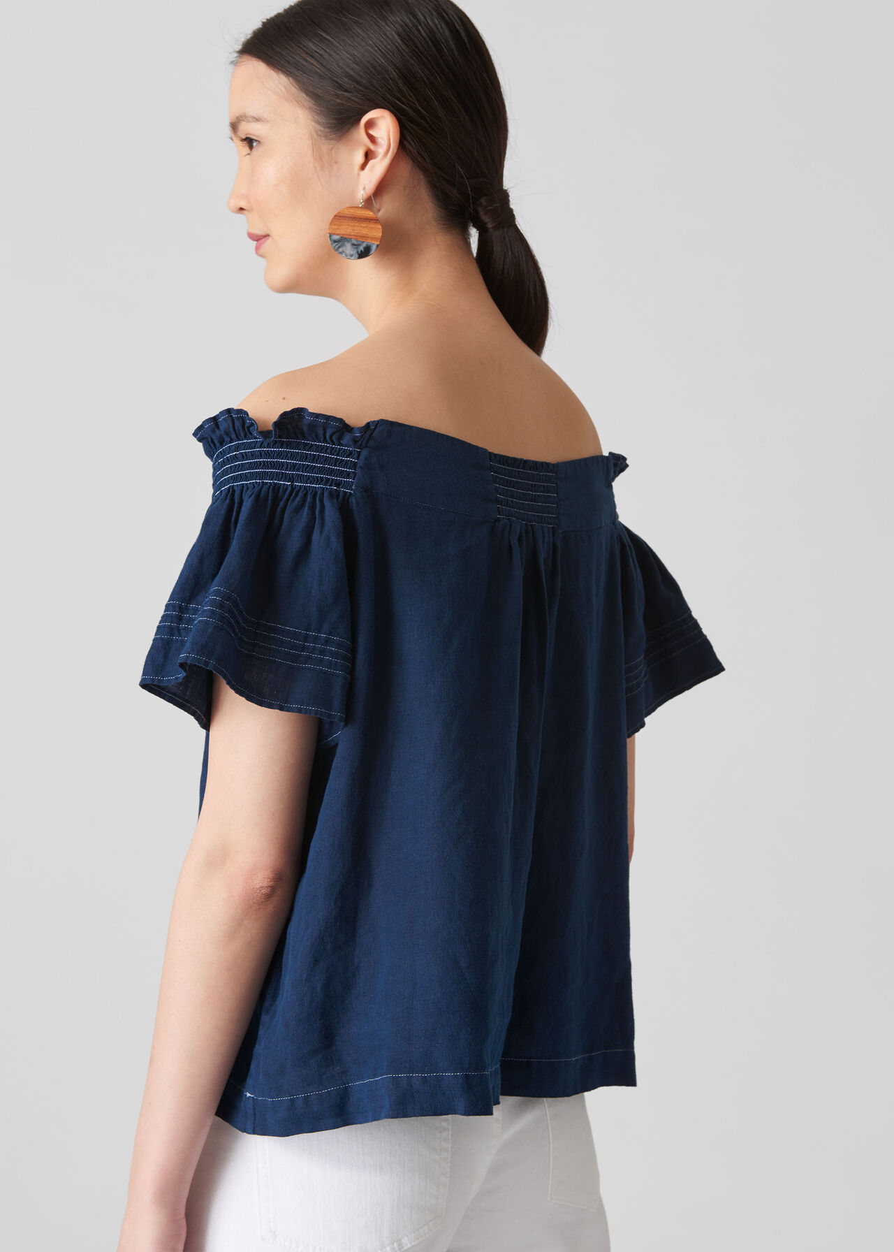 Tie Front Bardot Linen Top Navy