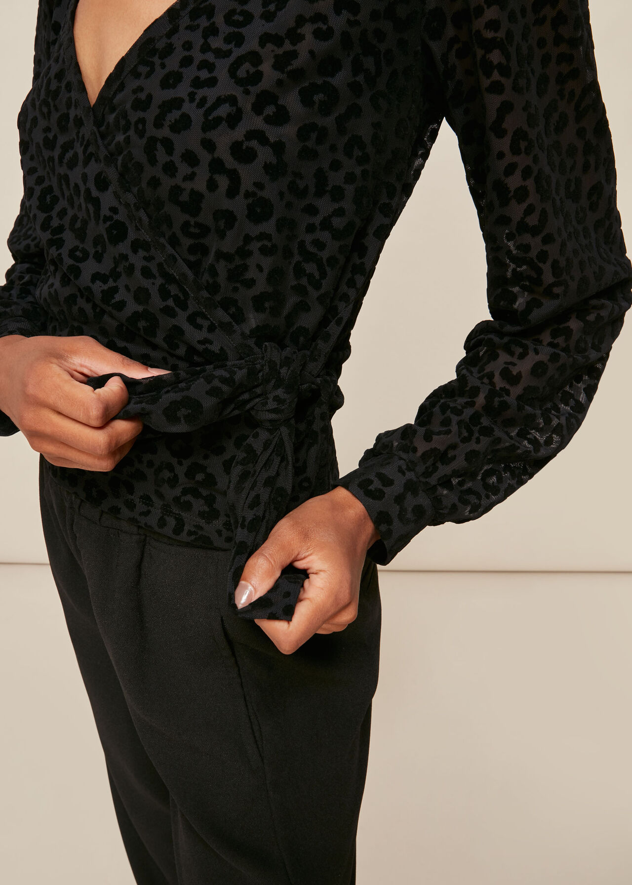 Flocked Animal Mesh Wrap Top