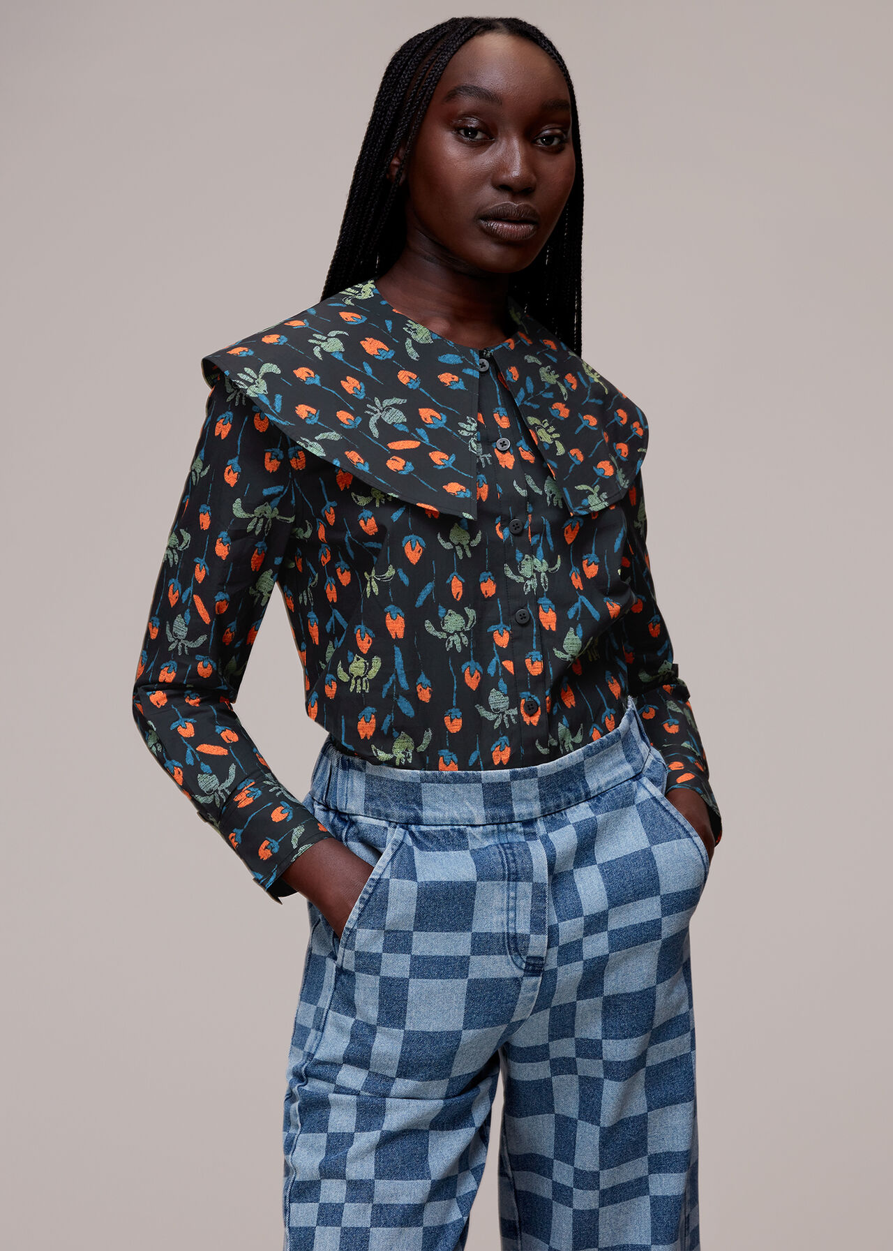 Black/Multi Tulips Print Collar Top | WHISTLES