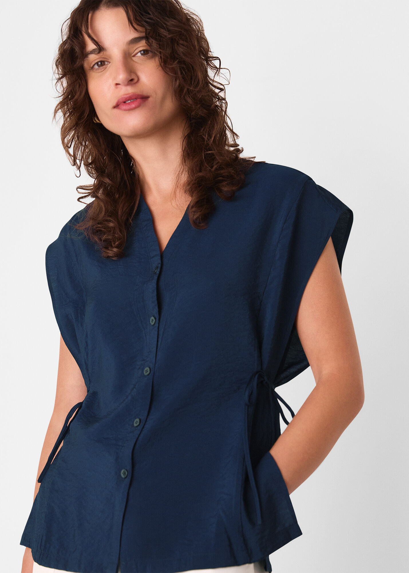 Navy Button Down Tie Side Shirt | WHISTLES | Whistles US |