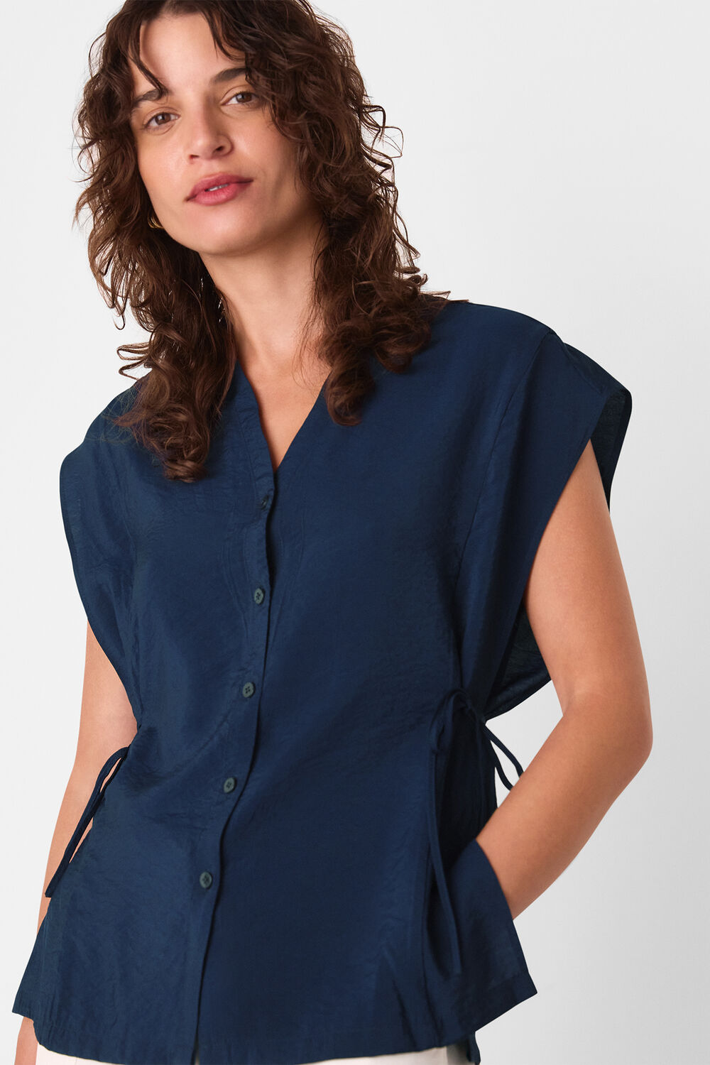 Navy Button Down Tie Side Shirt