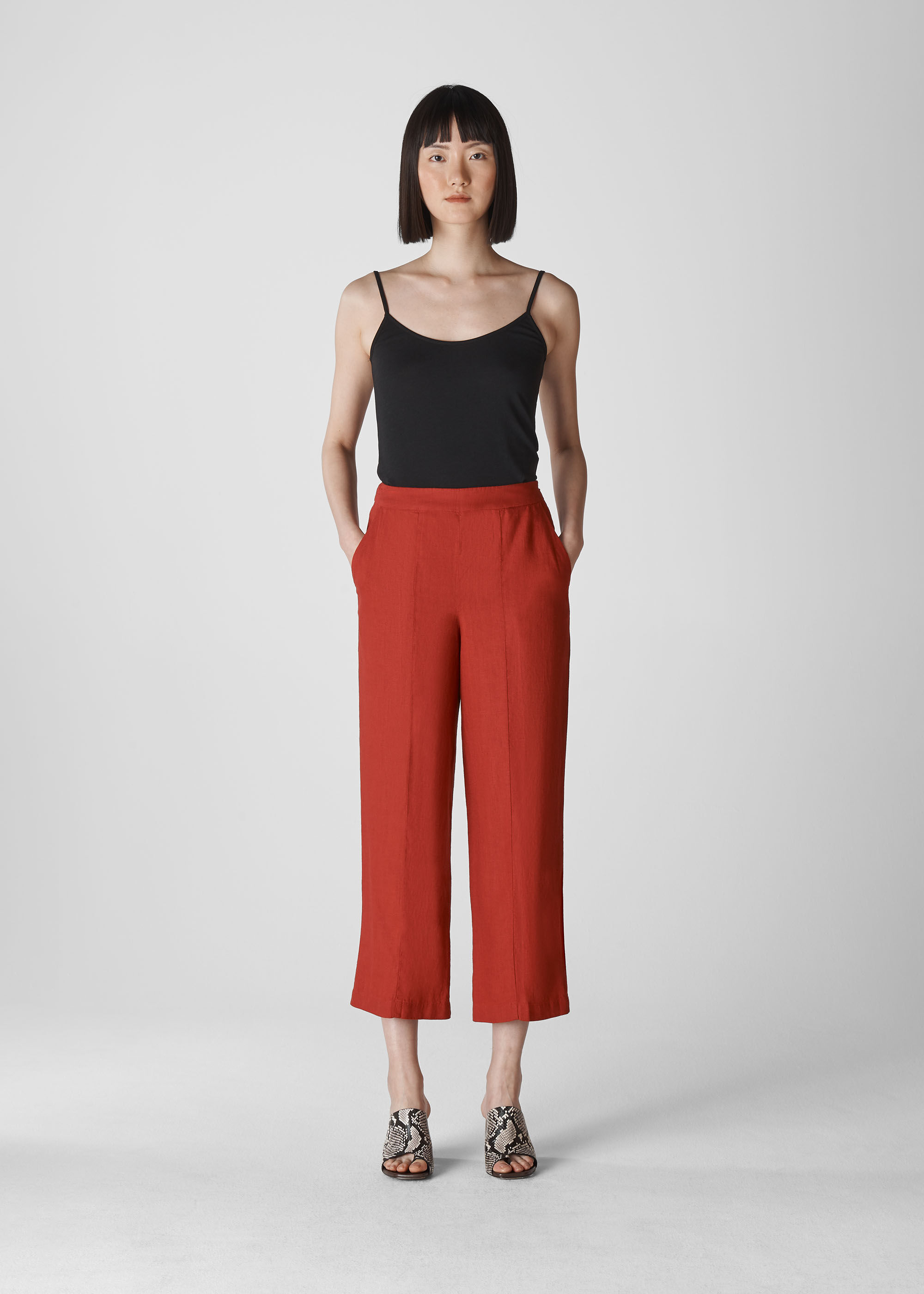 Red wide leg cropped trousers hotsell