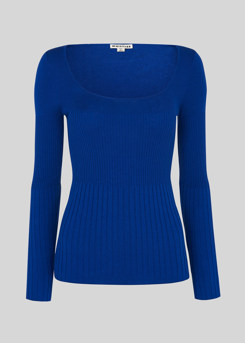 Square Neck Silk Mix Rib Knit Blue