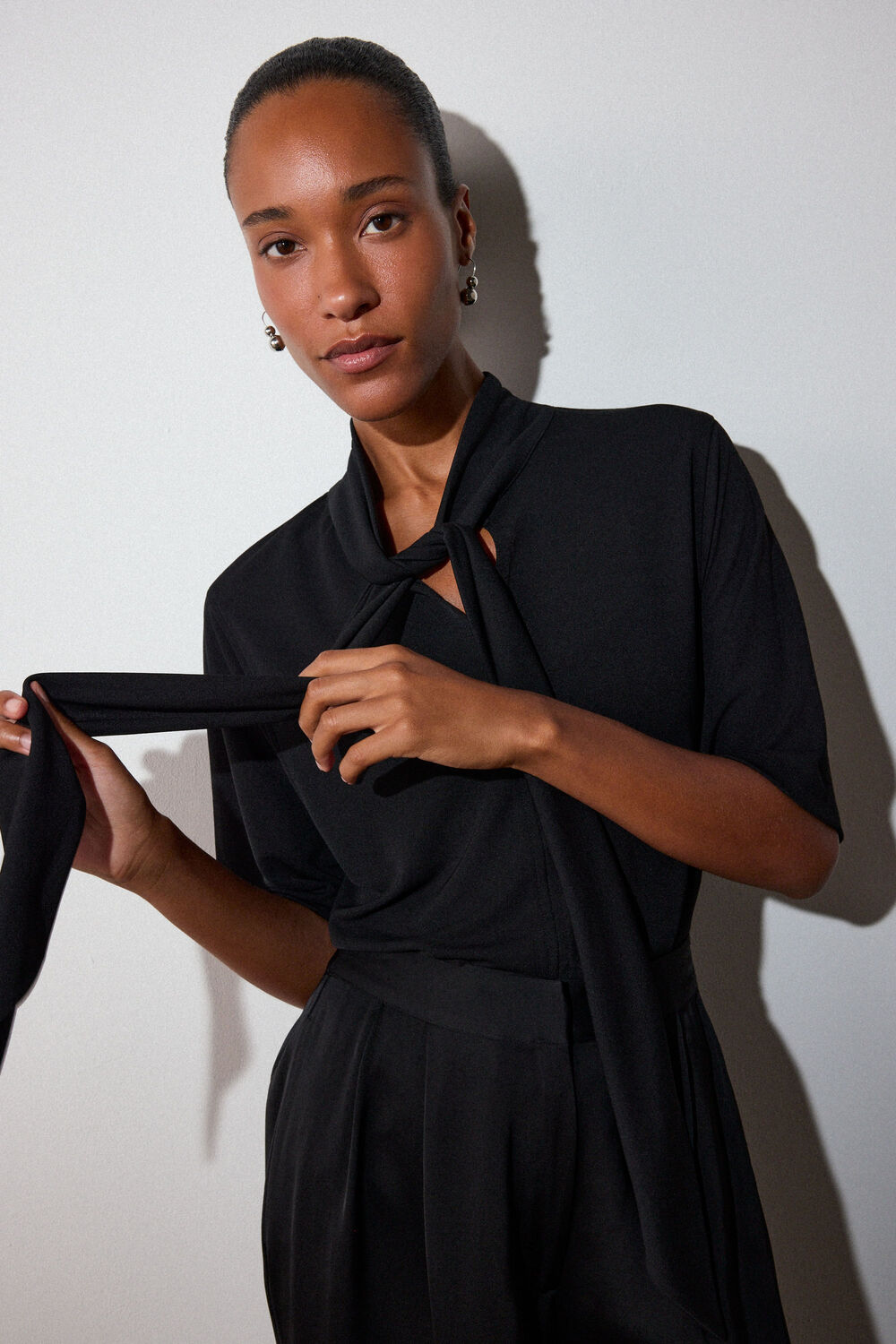 Black Short Sleeve Tie Neck Top