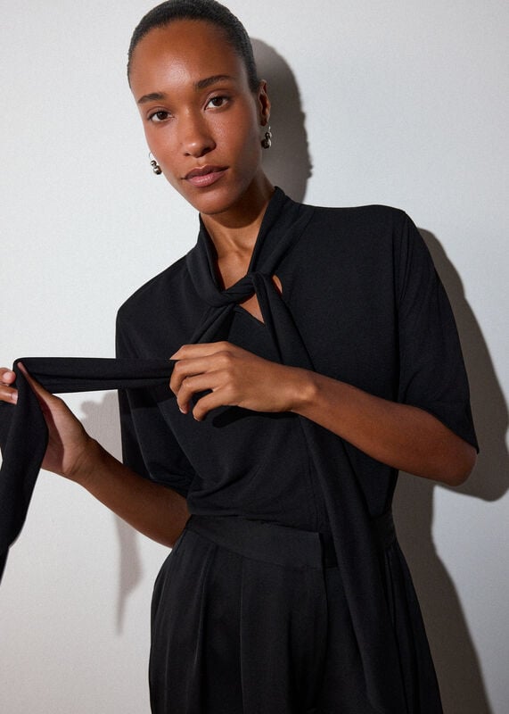 Black Short Sleeve Tie Neck Top