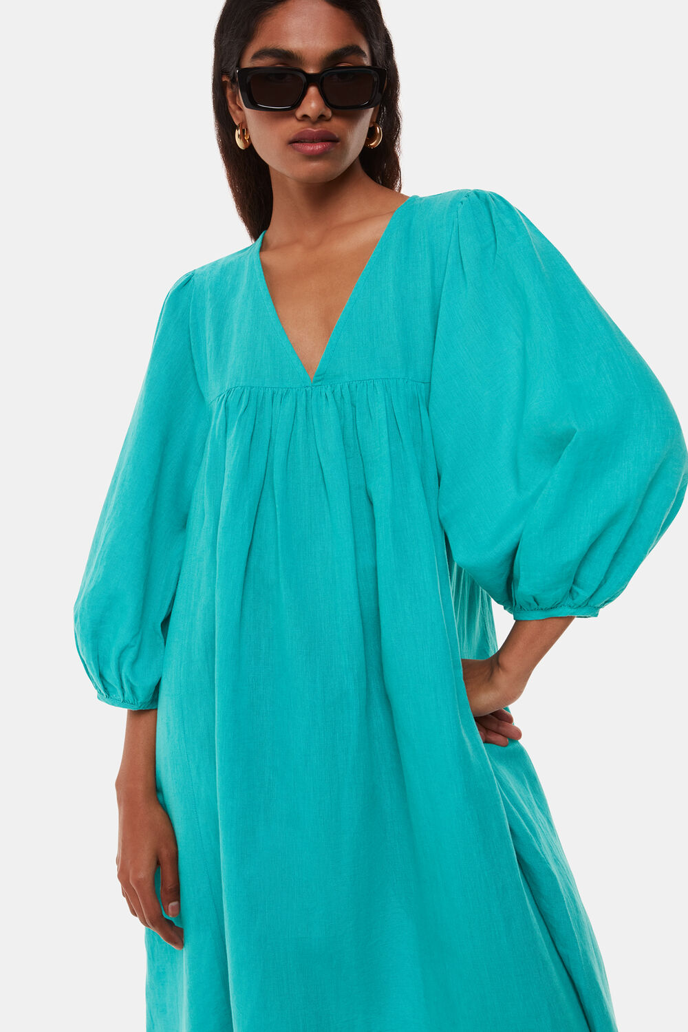 Turquoise Petite Gloria Linen Blend Dress