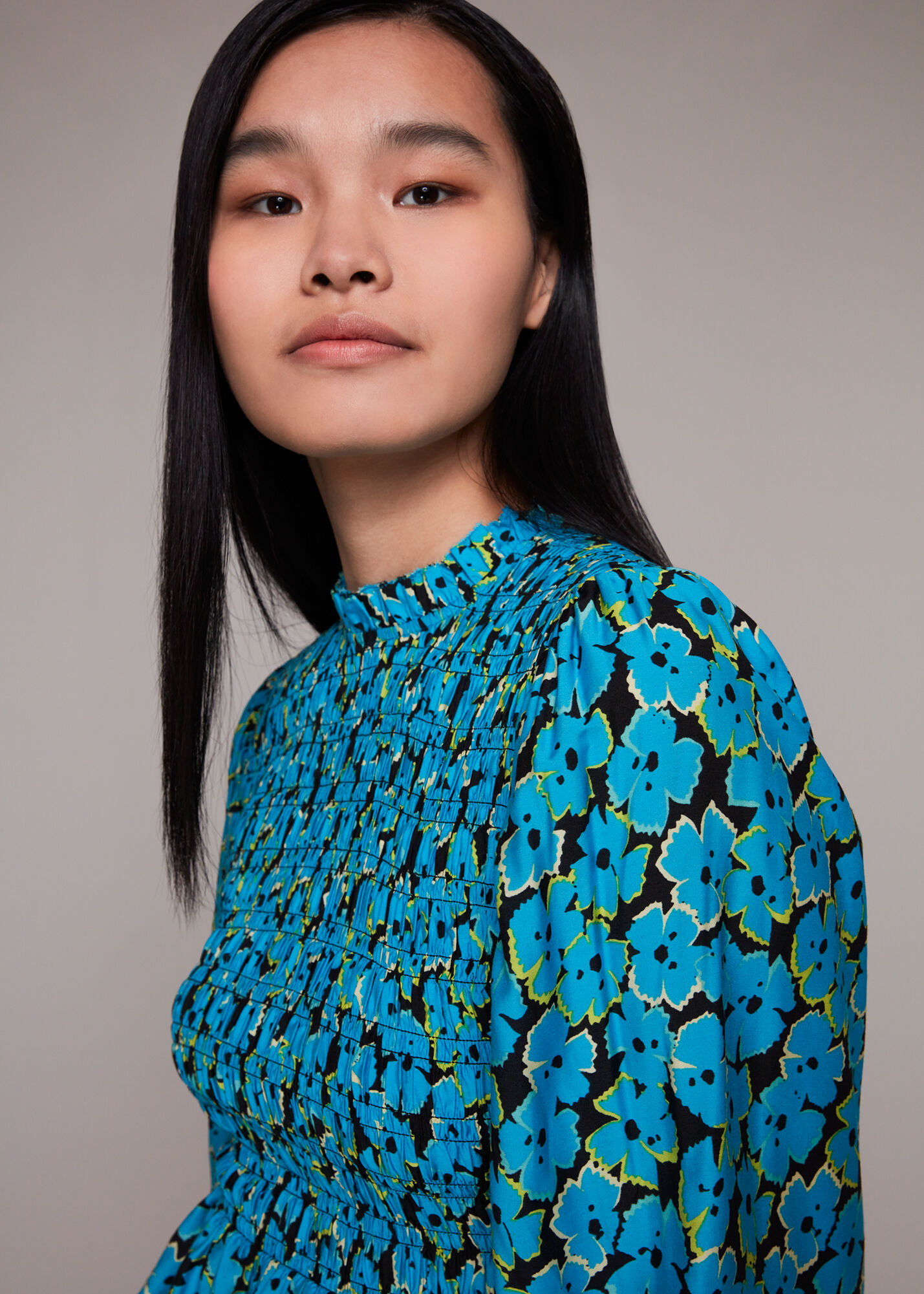 Blue/Multi Farfalle Flower Shirred Top | WHISTLES | Whistles ROW |