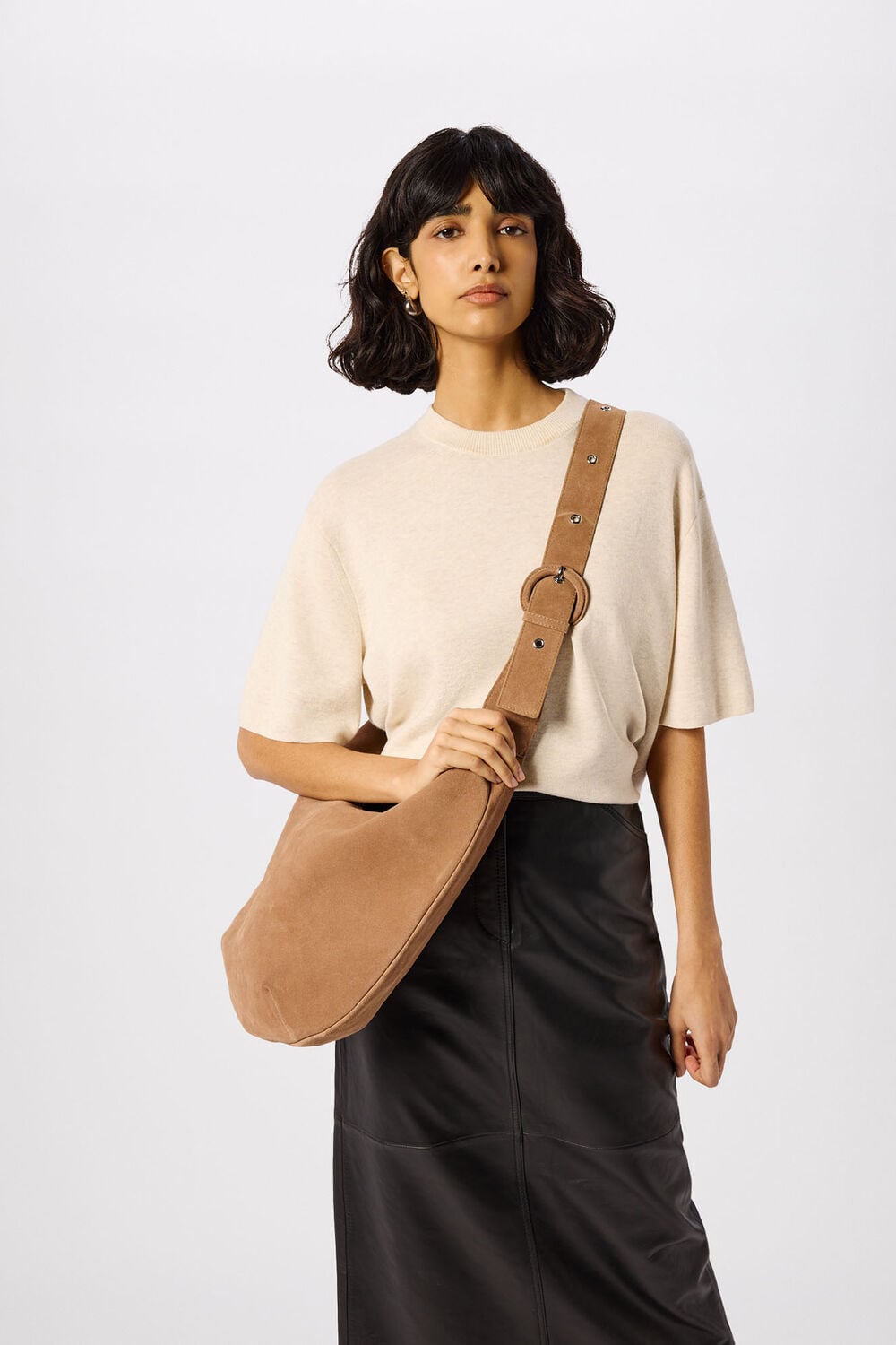 Taupe Large Sia Curved Suede Bag