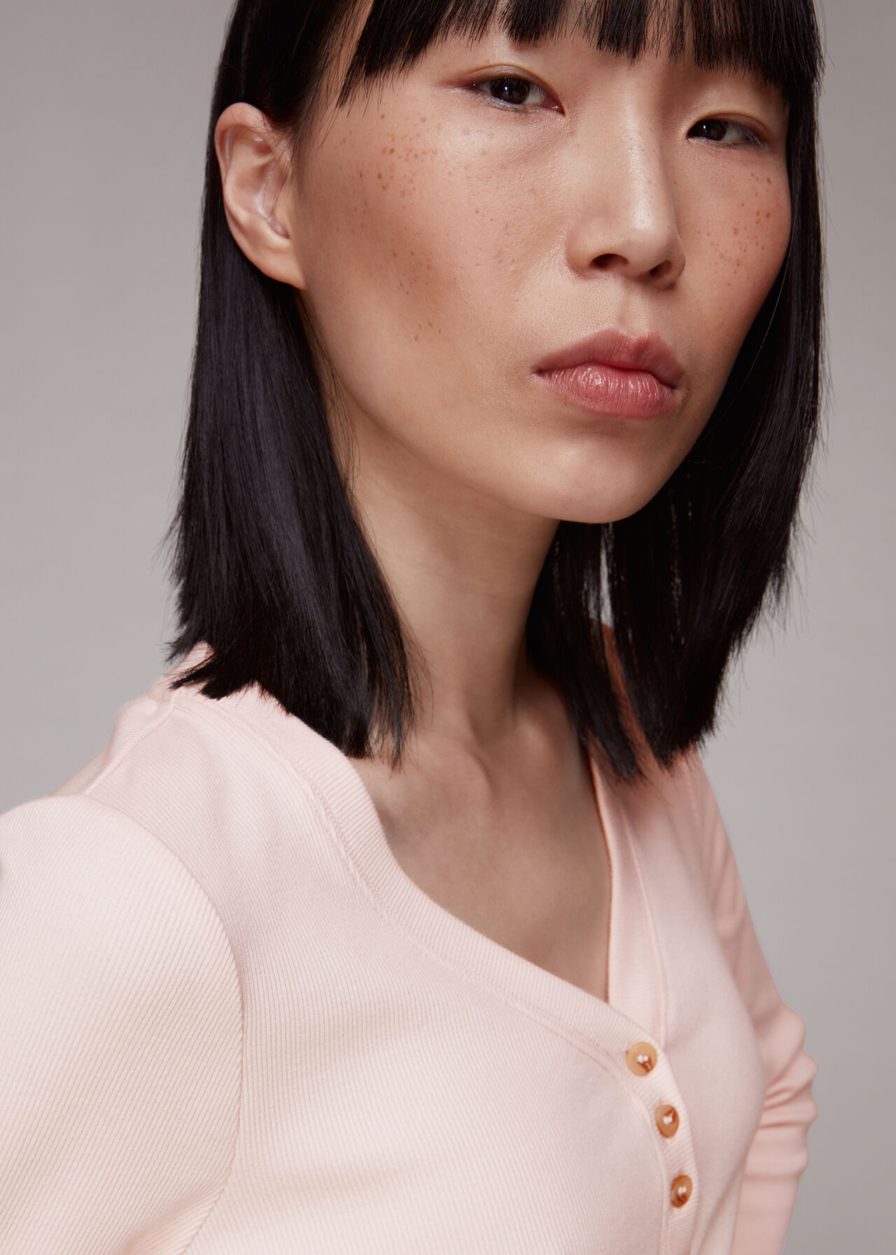 Pale Pink Paiton Ribbed Button Front Top | WHISTLES