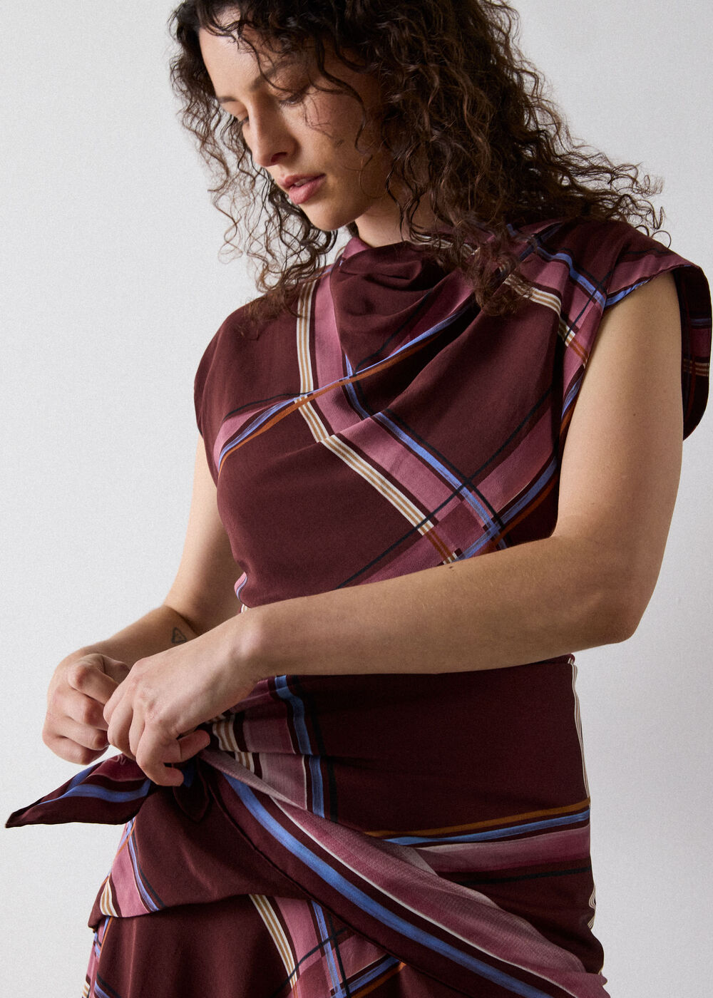 Painted Check Cowl Neck Dress