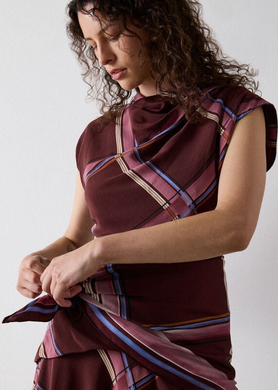 Brown Painted Check Cowl Neck Dress