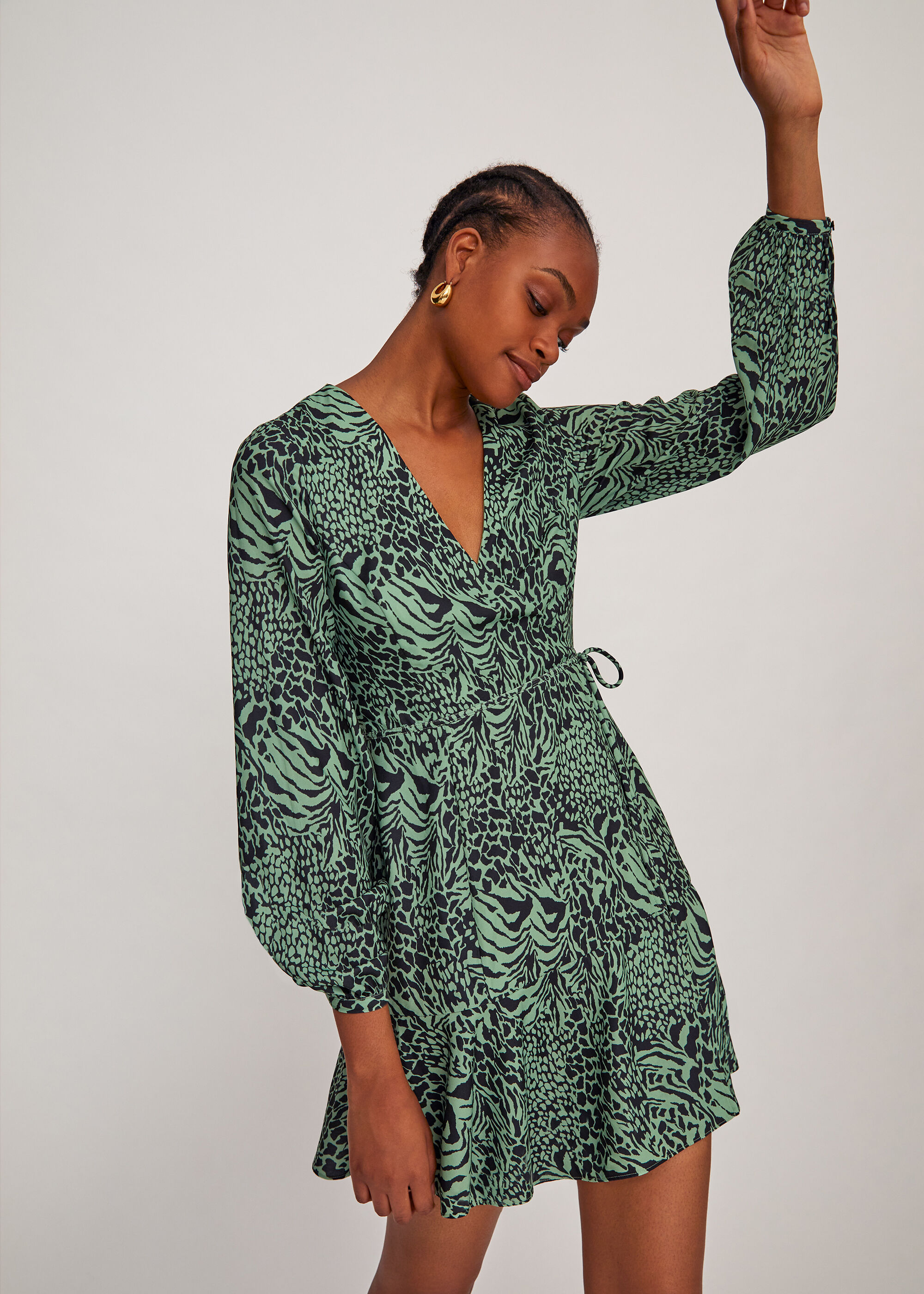 Green animal print wrap dress hotsell