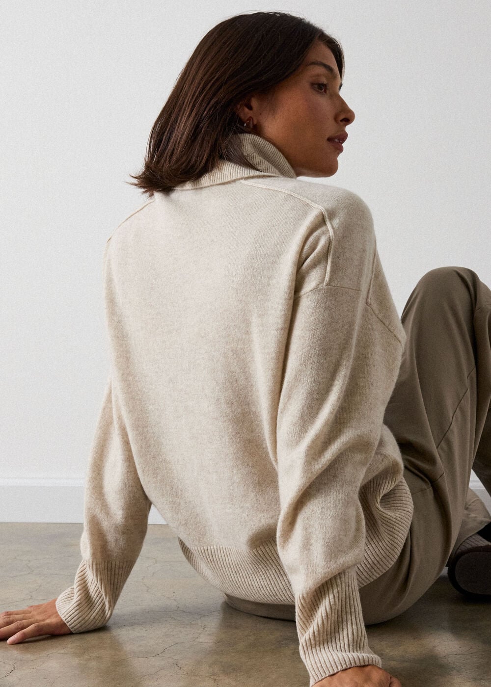 Oatmeal Cashmere Seam Roll Neck Knit
