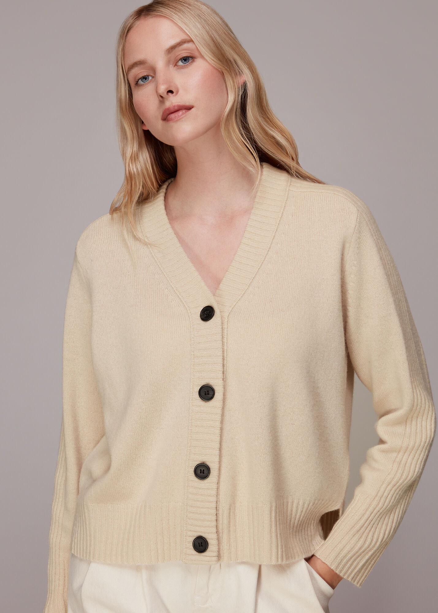 Ivory Ribbed Detail Wool Cardigan WHISTLES