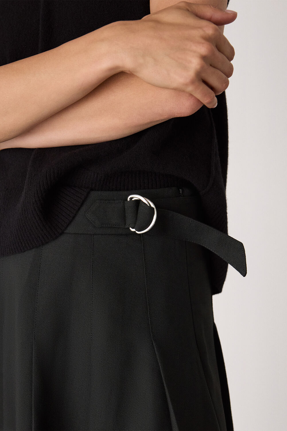 Black Wool Blend Pleated Kilt Skirt
