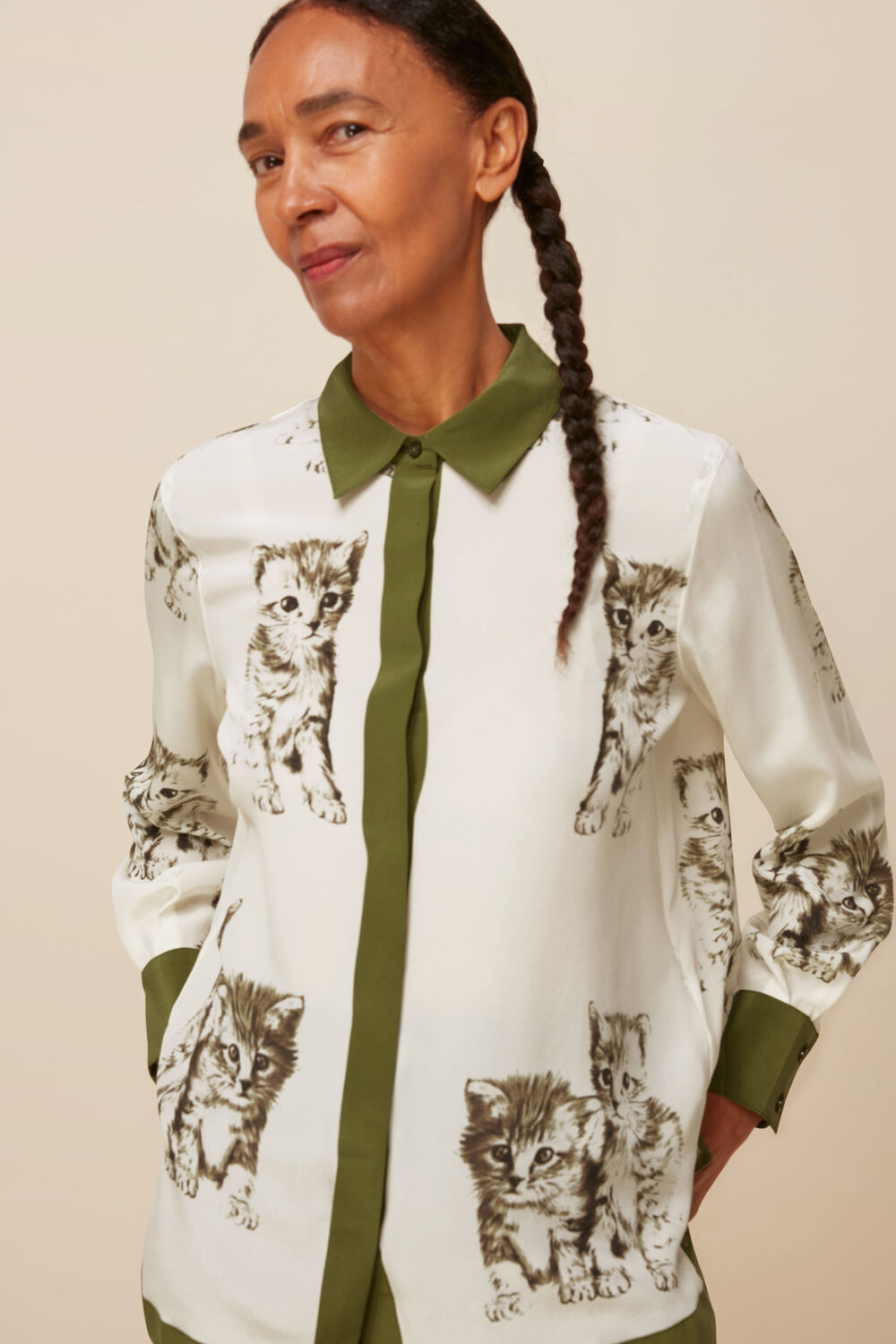 Cat Print Silk Blouse